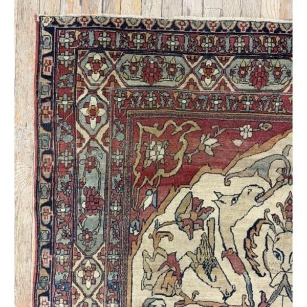 Mid century cream traditional luxury pictorial animal antique kerman silk rug - detail view 6