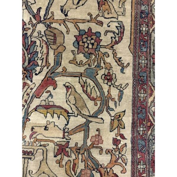 Mid century cream traditional luxury pictorial animal antique kerman silk rug - detail view 7
