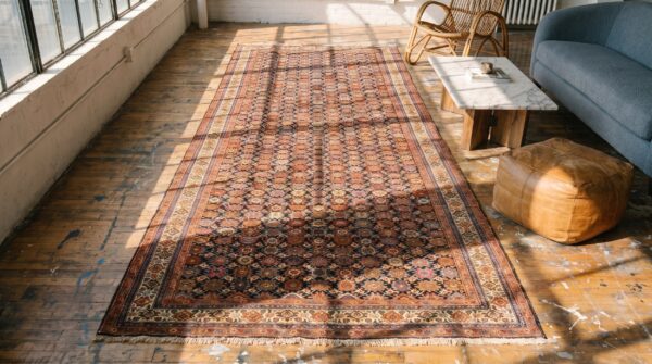Antique mina khani pattern nw persian wool pile blue gallery rug 2 Antique mina khani pattern nw persian wool pile blue gallery rug (sku 19432) - styled overhead view