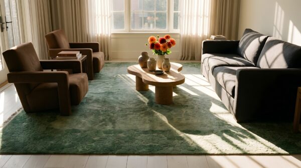 Minimalist antique green wool pile chinese room size art deco rug (sku 21782) - room view