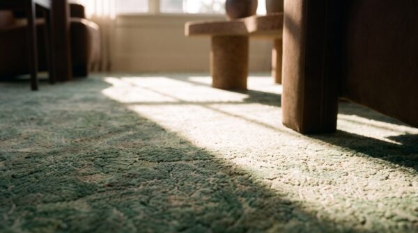 Minimalist antique green wool pile chinese room size art deco rug (sku 21782) - in-room detail