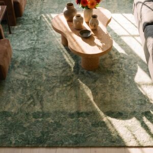 Minimalist Antique Green Wool Pile Chinese Room Size Art Deco Rug (SKU 21782) - styled overhead view