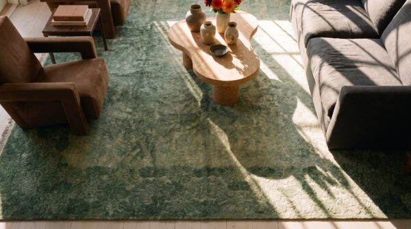 Minimalist antique green wool pile chinese room size art deco rug (sku 21782) - styled overhead view