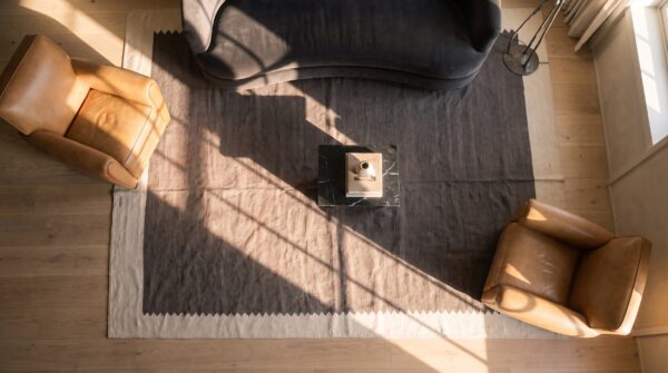 Minimalist antique native american navajo rio grande rug (sku 24485) - styled overhead view