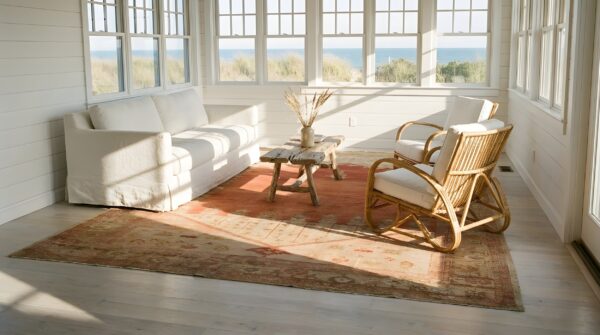 Antique minimalist open coral color field tribal persian sultanabad rug 9 Antique minimalist open coral color field tribal persian sultanabad rug (sku 23252) - room view