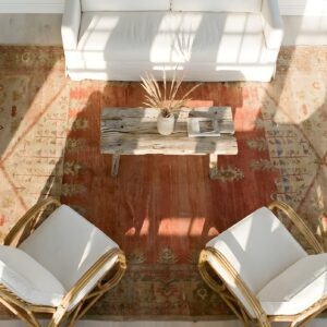 Antique Minimalist Open Coral Color Field Tribal Persian Sultanabad Rug (SKU 23252) - styled overhead view