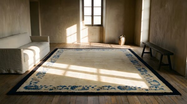 Minimalist open cream color field antique 1900's peking chinese rug (sku 24754) - room view