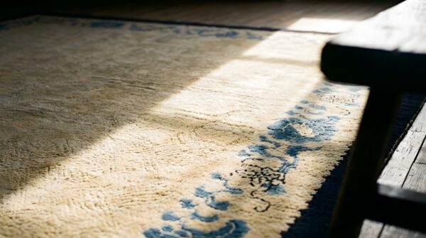 Minimalist open cream color field antique 1900's peking chinese rug (sku 24754) - in-room detail