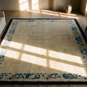 Minimalist Open Cream Color Field Antique 1900's Peking Chinese Rug (SKU 24754) - styled overhead view