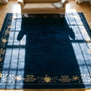 Minimalist Open Field Antique Chinese Navy Blue Room Size Peking Rug (SKU 25037) - styled overhead view