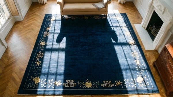 Minimalist open field antique chinese navy blue room size peking rug (sku 25037) - styled overhead view