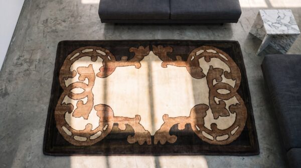 Minimalist open ivory color field antique american hooked rug 2 Minimalist open ivory color field antique american hooked rug (sku 17198) - styled overhead view
