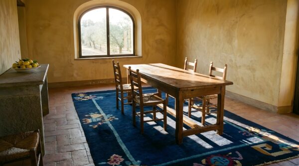 Minimalist open solid blue color field antique chinese art deco scatter size rug (sku 23558) - room view