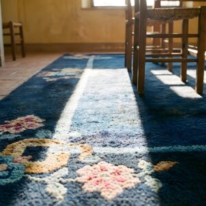 Minimalist Open Solid Blue Color Field Antique Chinese Art Deco Scatter Size Rug (SKU 23558) - in-room detail