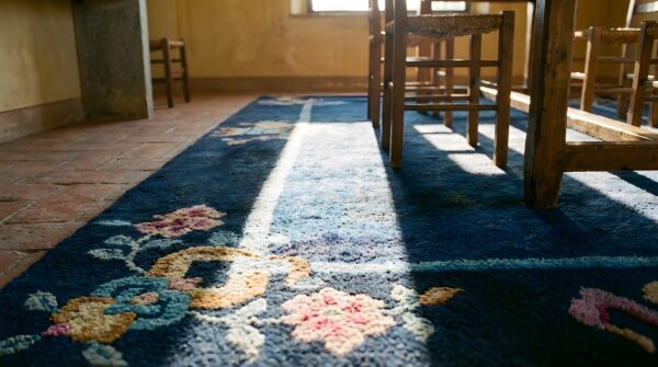 Minimalist open solid blue color field antique chinese art deco scatter size rug (sku 23558) - in-room detail