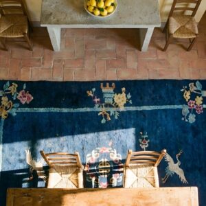 Minimalist Open Solid Blue Color Field Antique Chinese Art Deco Scatter Size Rug (SKU 23558) - styled overhead view