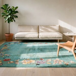 Minimalist Open Solid Turquoise Color Field Antique Room Size Floral Chinese Art Deco Rug (SKU 19864) - room view