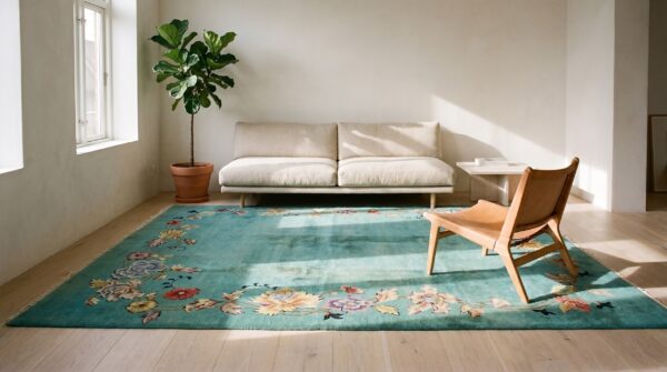 Minimalist open solid turquoise color field antique room size floral chinese art deco rug 10 Minimalist open solid turquoise color field antique room size floral chinese art deco rug (sku 19864) - room view