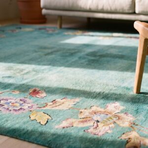 Minimalist Open Solid Turquoise Color Field Antique Room Size Floral Chinese Art Deco Rug (SKU 19864) - in-room detail
