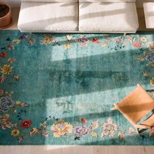 Minimalist Open Solid Turquoise Color Field Antique Room Size Floral Chinese Art Deco Rug (SKU 19864) - styled overhead view