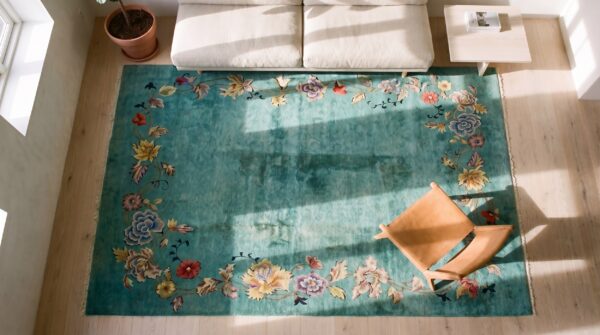 Minimalist open solid turquoise color field antique room size floral chinese art deco rug 2 Minimalist open solid turquoise color field antique room size floral chinese art deco rug (sku 19864) - styled overhead view