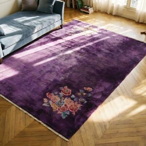 Minimalist Rich Purple Antique Art Deco Chinese Carpet (SKU 23919) - styled overhead view