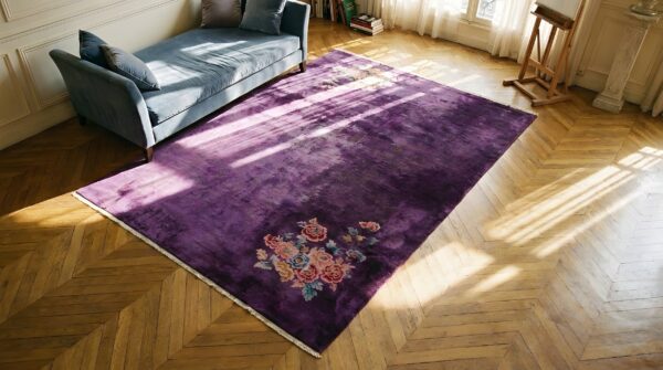 Minimalist rich purple antique art deco chinese carpet 2 Minimalist rich purple antique art deco chinese carpet (sku 23919) - styled overhead view