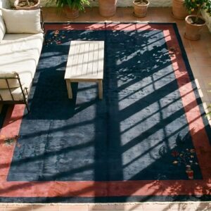 Minimalist Solid Blue Color Open Field Antique Chinese Art Deco Room Size Rug (SKU 25117) - styled overhead view