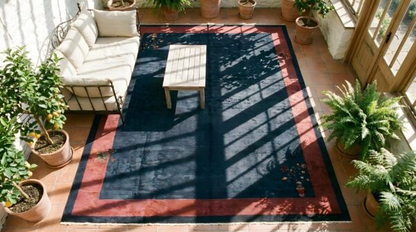 Minimalist solid blue color open field antique chinese art deco room size rug 2 Minimalist solid blue color open field antique chinese art deco room size rug (sku 25117) - styled overhead view