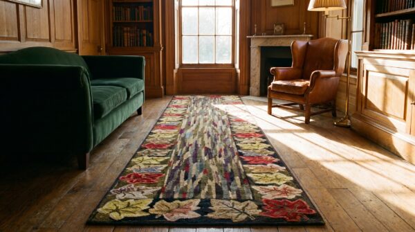 Modernist abstract design antique american folk art hooked hallway runner rug (sku 19473) - room view