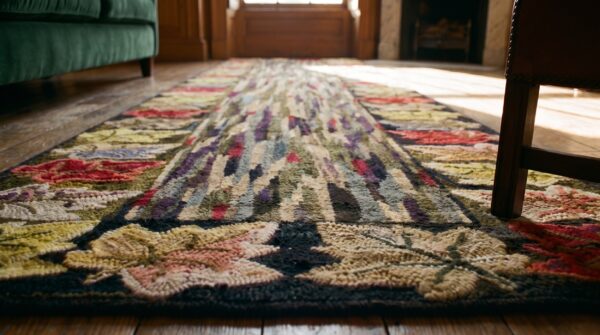 Modernist abstract design antique american folk art hooked hallway runner rug (sku 19473) - in-room detail