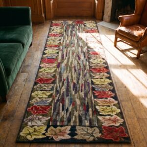 Modernist Abstract Design Antique American Folk Art Hooked Hallway Runner Rug (SKU 19473) - styled overhead view