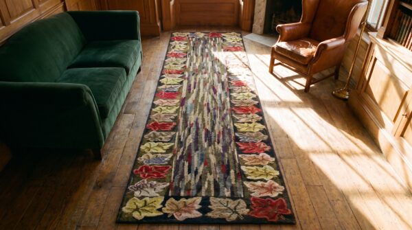 Modernist abstract design antique american folk art hooked hallway runner rug (sku 19473) - styled overhead view