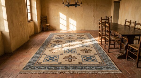 Antique mongolian chinese allover geometric knotted rug (sku 22910) - room view