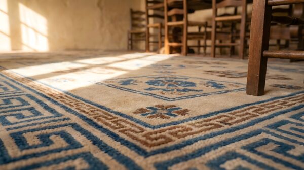 Antique mongolian chinese allover geometric knotted rug (sku 22910) - in-room detail