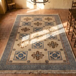 Antique Mongolian Chinese Allover Geometric Knotted Rug (SKU 22910) - styled overhead view
