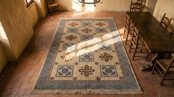 Antique mongolian chinese allover geometric knotted rug (sku 22910) - styled overhead view