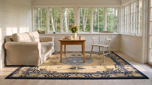 Antique mongolian design chinese geometric medallion square hand knotted rug 8 Antique mongolian design chinese geometric medallion square hand knotted rug (sku 25471) - room view