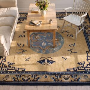 Antique Mongolian Design Chinese Geometric Medallion Square Hand Knotted Rug (SKU 25471) - styled overhead view