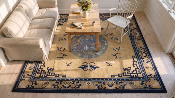 Antique mongolian design chinese geometric medallion square hand knotted rug 2 Antique mongolian design chinese geometric medallion square hand knotted rug (sku 25471) - styled overhead view