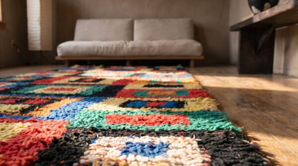 Antique moroccan - boucherouitte moroccan knotted rug (sku 22427) - in-room detail