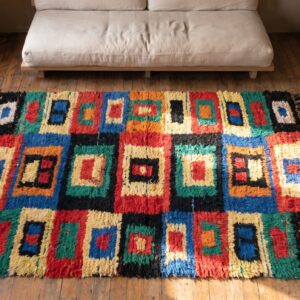 Antique Moroccan - Boucherouitte Moroccan Knotted Rug (SKU 22427) - styled overhead view