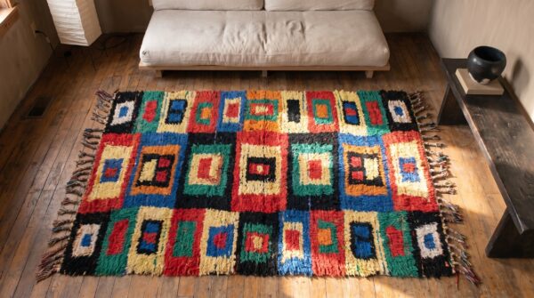 Antique moroccan - boucherouitte moroccan knotted rug (sku 22427) - styled overhead view
