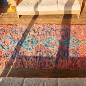 Antique Moroccan - Boucherouitte Wool Coral Rug (SKU 22431) - styled overhead view