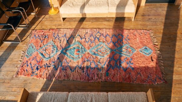 Antique moroccan - boucherouitte wool coral rug 2 Antique moroccan - boucherouitte wool coral rug (sku 22431) - styled overhead view