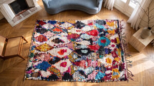 Antique moroccan - boucherouitte hallway runner wool multicolor rug 2 Antique moroccan - boucherouitte hallway runner wool multicolor rug (sku 22428) - styled overhead view