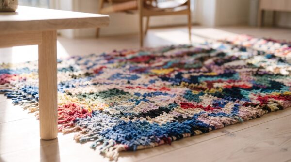 Antique moroccan - boucherouitte moroccan multicolor 1940s rug 9 Antique moroccan - boucherouitte moroccan multicolor 1940s rug (sku 22438) - in-room detail