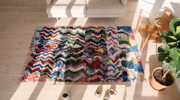 Antique moroccan - boucherouitte moroccan multicolor 1940s rug 2 Antique moroccan - boucherouitte moroccan multicolor 1940s rug (sku 22438) - styled overhead view