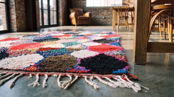 Antique moroccan - boucherouitte small scatter size wool multicolor rug 11 Antique moroccan - boucherouitte small scatter size wool multicolor rug (sku 22445) - in-room detail