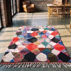 Antique Moroccan - Boucherouitte Small Scatter Size Wool Multicolor Rug (SKU 22445) - styled overhead view